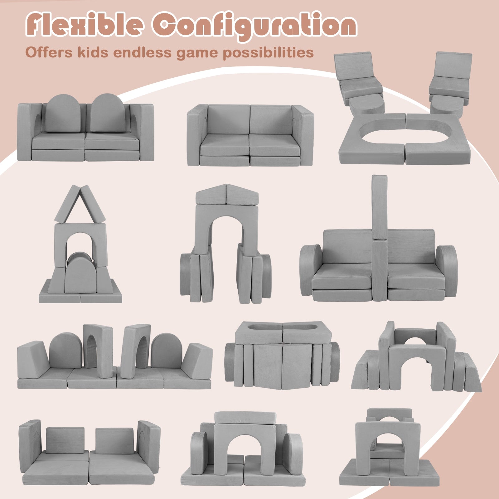 8-Piece Modular Kids Play Couch with Comfy Suede Fabric, Gray Kids Chairs & Seating at Gallery Canada