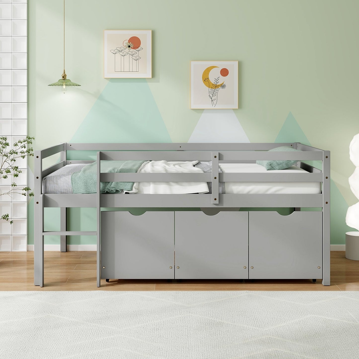 Twin Size Low Loft Bed with 3 Drawers with Ladder and Full-length Guardrails, Gray Trundle Bed Frame   at Gallery Canada