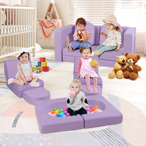 8-Piece Modular Kids Play Couch with Comfy Suede Fabric, Purple