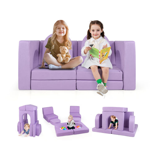 8-Piece Modular Kids Play Couch with Comfy Suede Fabric, Purple
