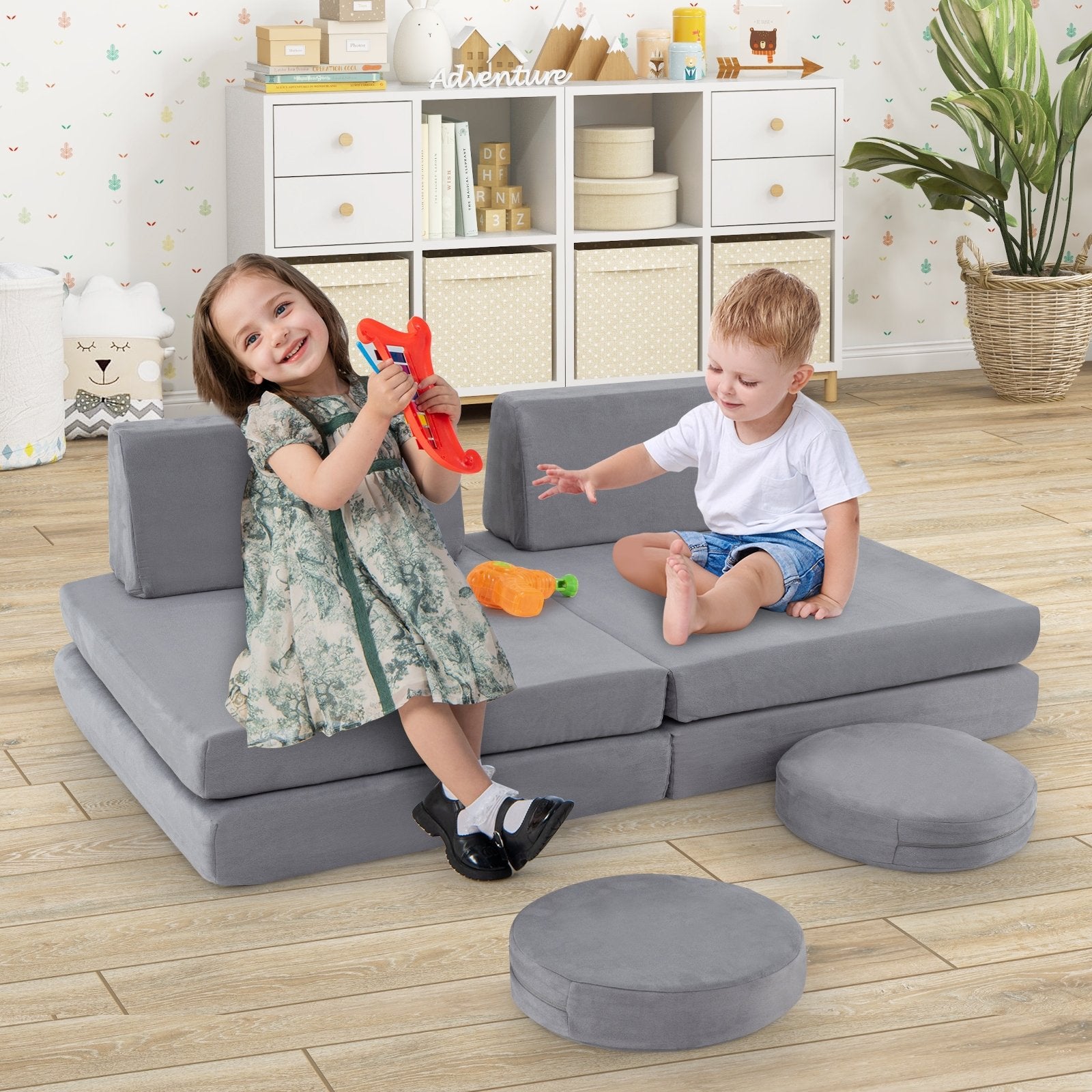 6 Pieces Modular Kids Play Couch Set with Washable Covers for Living Room Playroom, Gray Kids Chairs & Seating at Gallery Canada