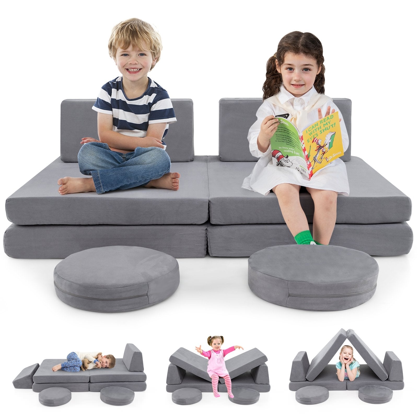 6 Pieces Modular Kids Play Couch Set with Washable Covers for Living Room Playroom, Gray Kids Chairs & Seating at Gallery Canada