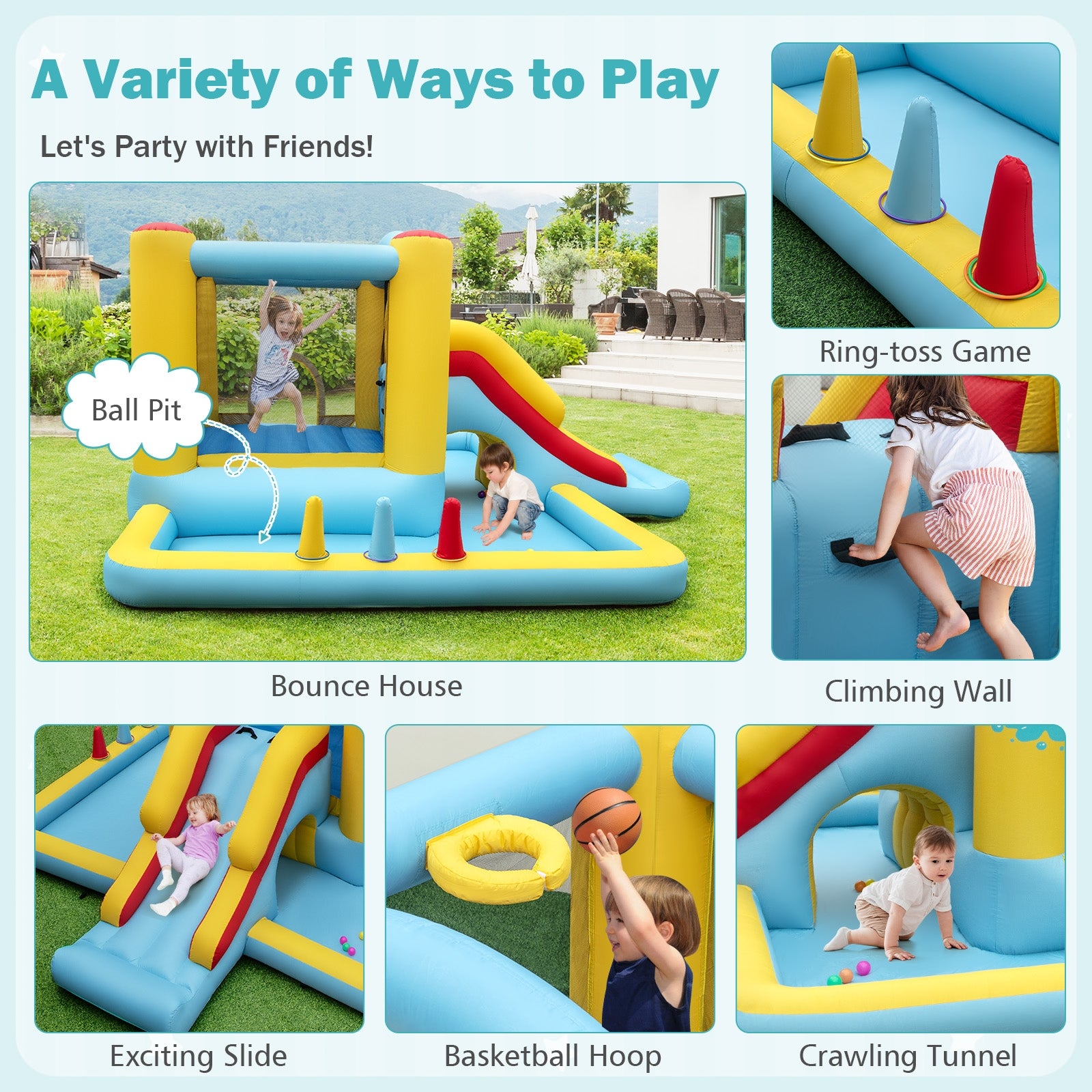 Inflatable Bounce House 7-in-1 Bouncy Castle with Slide and Tunnel without Blower, Multicolor Bounce House at Gallery Canada