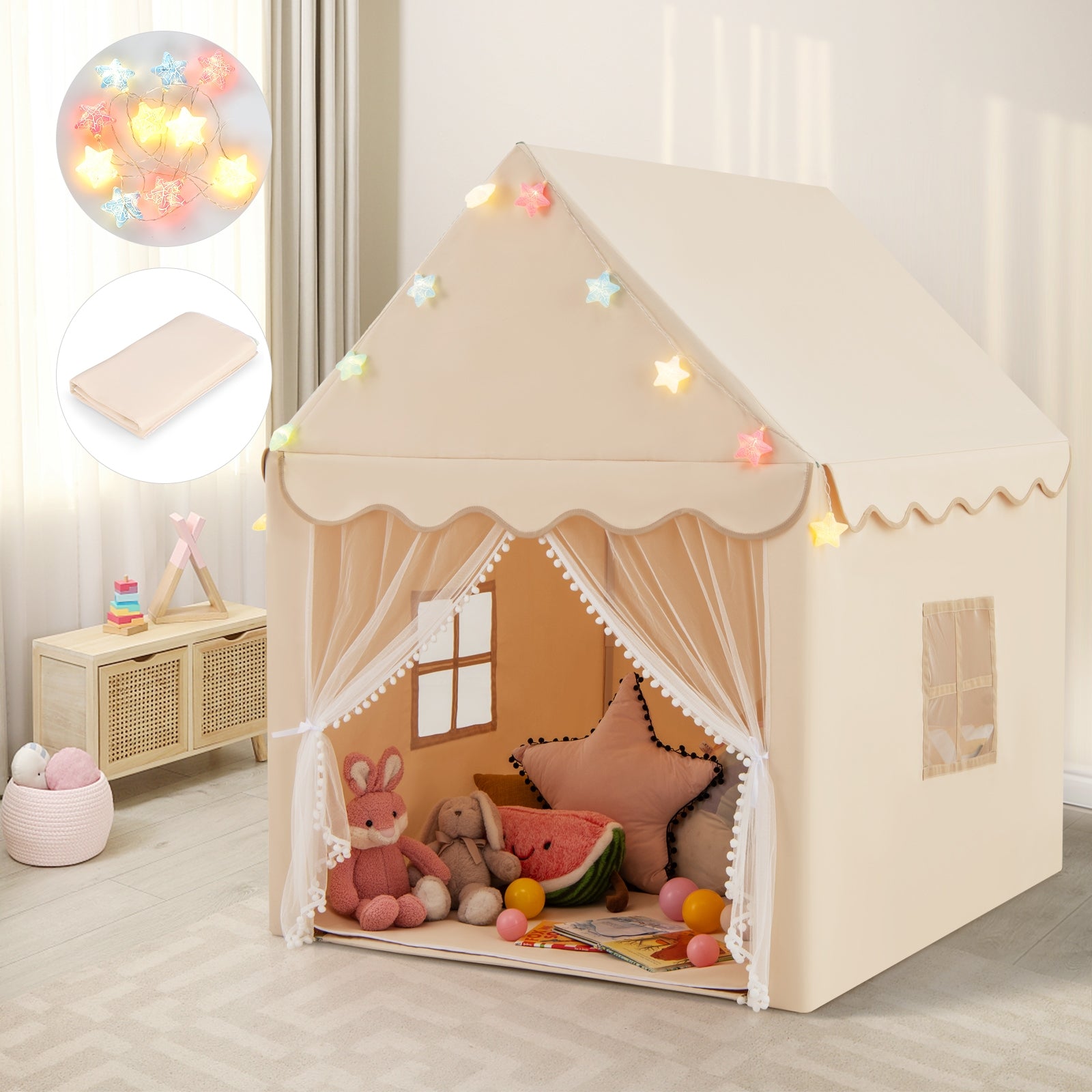 Kids Playhouse Tent with Star Lights and Mat, Beige Play Tents & Playhouse at Gallery Canada