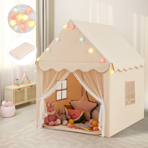 Kids Playhouse Tent with Star Lights and Mat, Beige