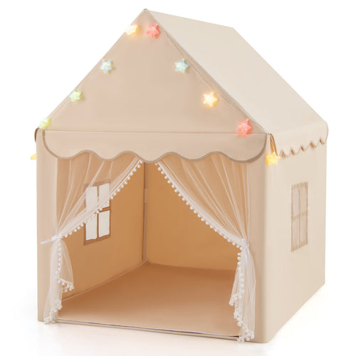 Kids Playhouse Tent with Star Lights and Mat, Beige