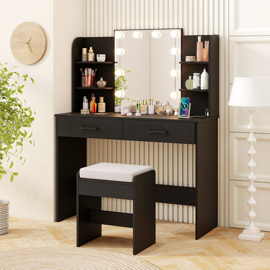 Vanity Set with Lighted Mirror and Stool with Power Outlet, Black Makeup Vanities Black at Gallery Canada