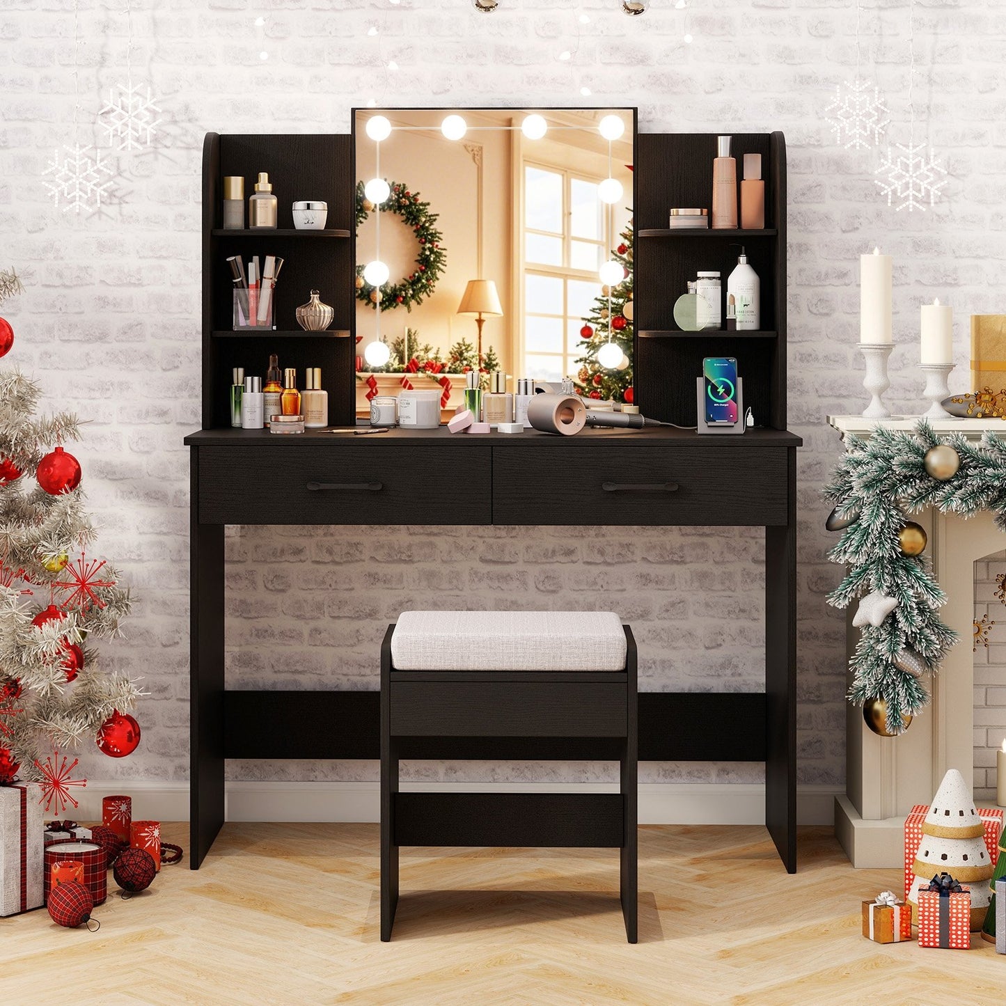 Vanity Set with Lighted Mirror and Stool with Power Outlet, Black Makeup Vanities at Gallery Canada