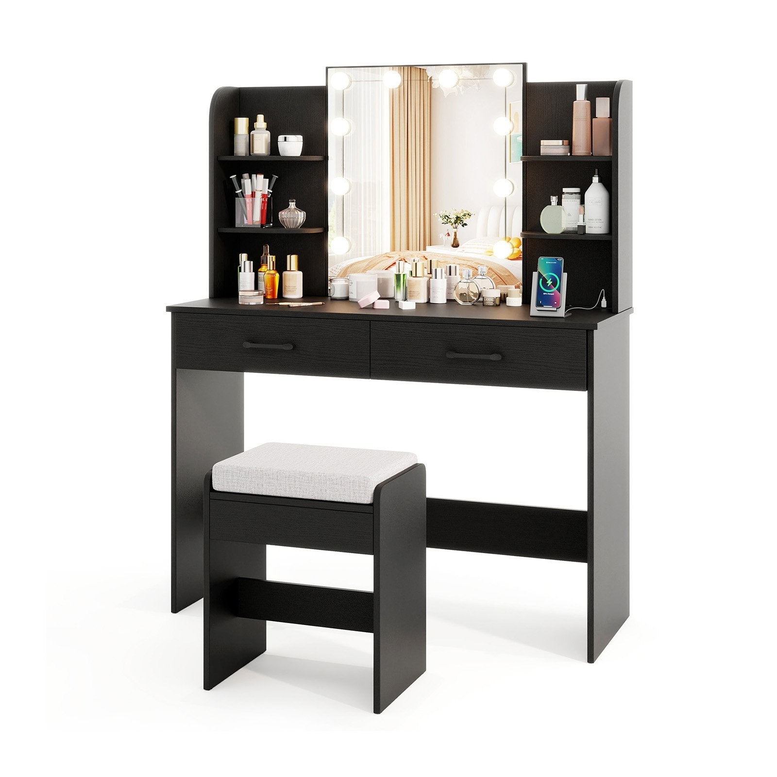 Vanity Set with Lighted Mirror and Stool with Power Outlet, Black Makeup Vanities Black at Gallery Canada