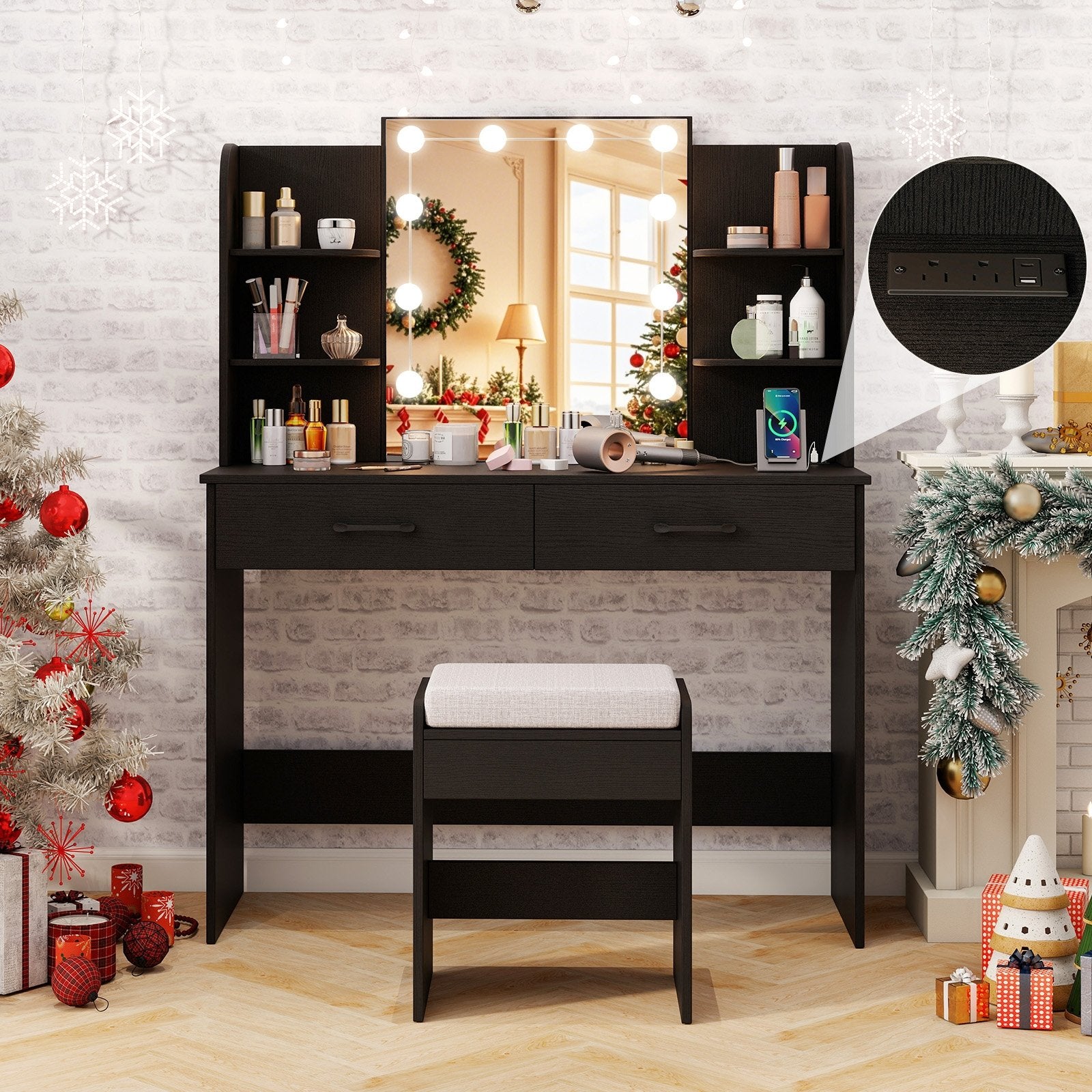 Vanity Set with Lighted Mirror and Stool with Power Outlet, Black Makeup Vanities at Gallery Canada