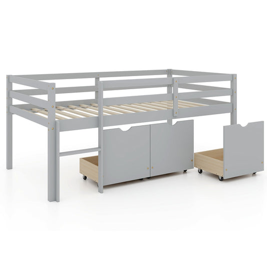 Twin Size Low Loft Bed with 3 Drawers with Ladder and Full-length Guardrails, Gray Trundle Bed Frame Gray  at Gallery Canada