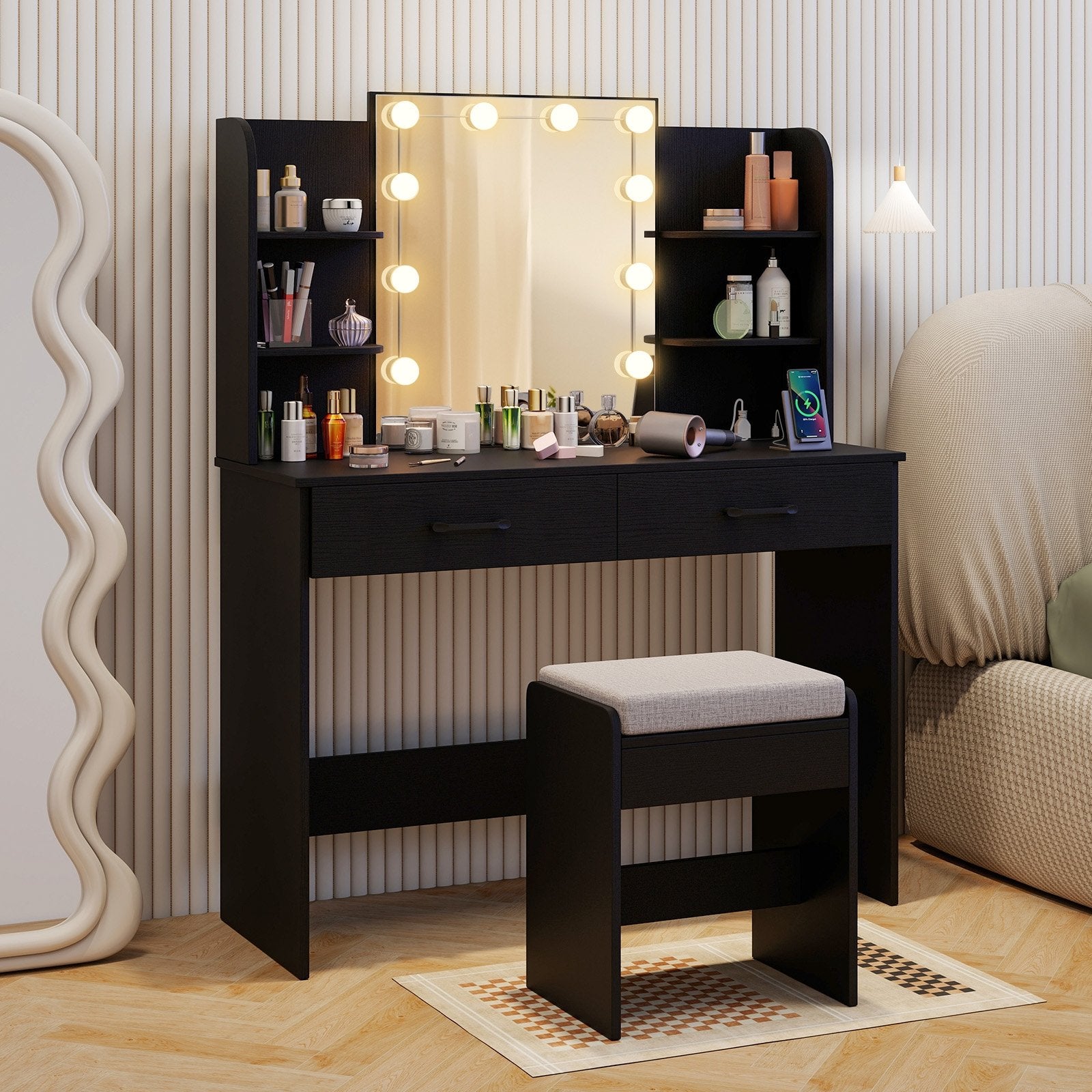 Vanity Set with Lighted Mirror and Stool with Power Outlet, Black Makeup Vanities at Gallery Canada