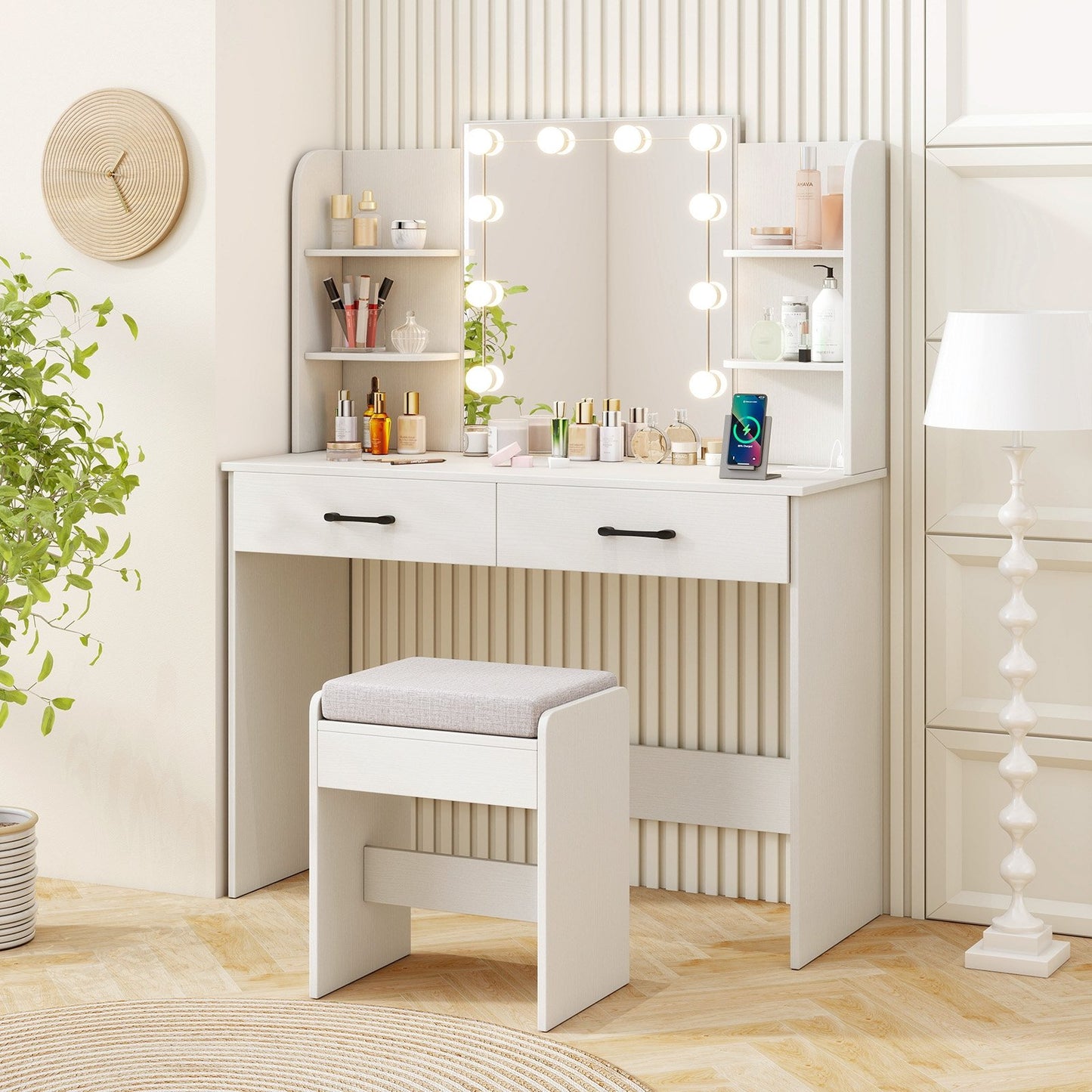 Vanity Set with Lighted Mirror and Stool with Power Outlet, White Makeup Vanities at Gallery Canada