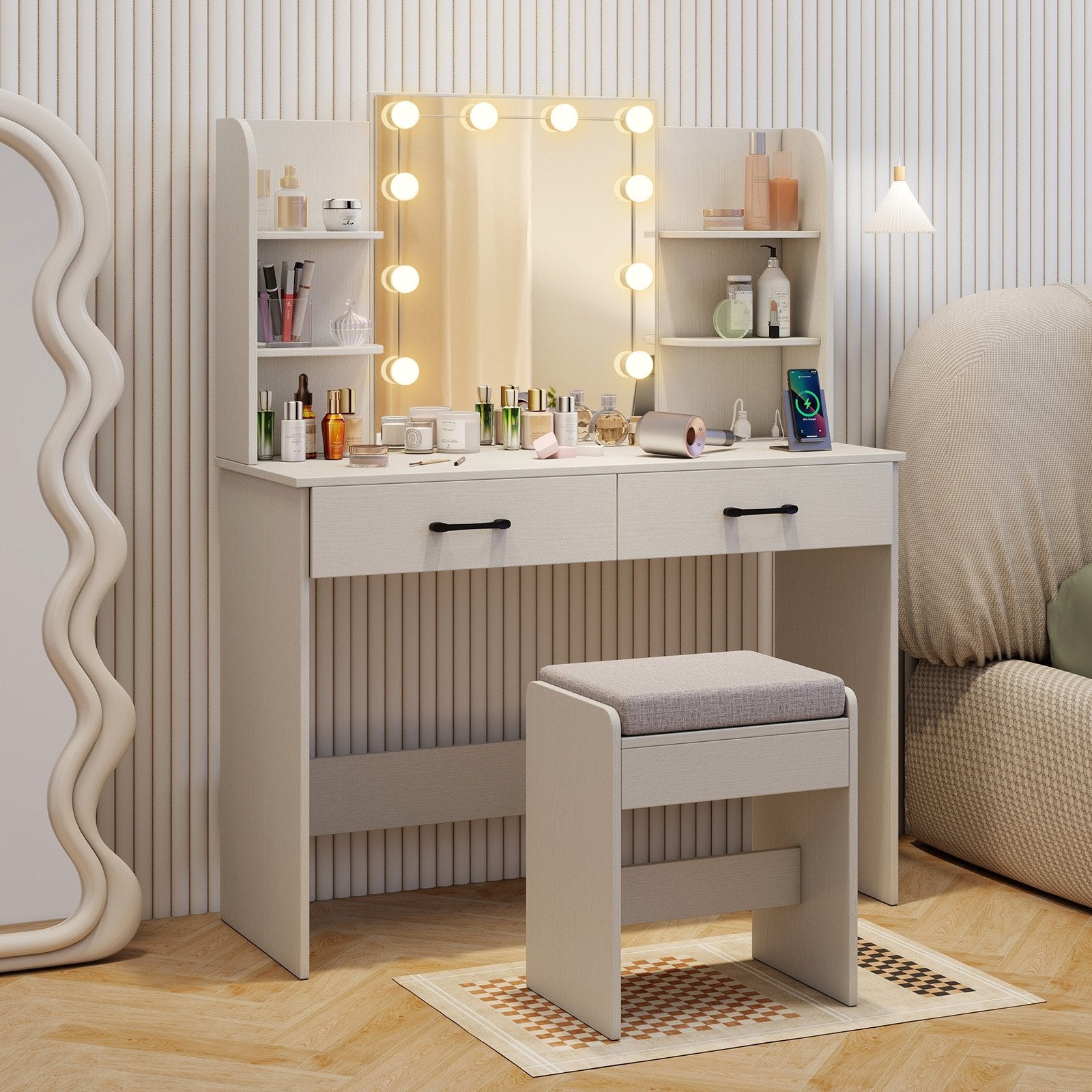 Vanity Set with Lighted Mirror and Stool with Power Outlet, White Makeup Vanities at Gallery Canada