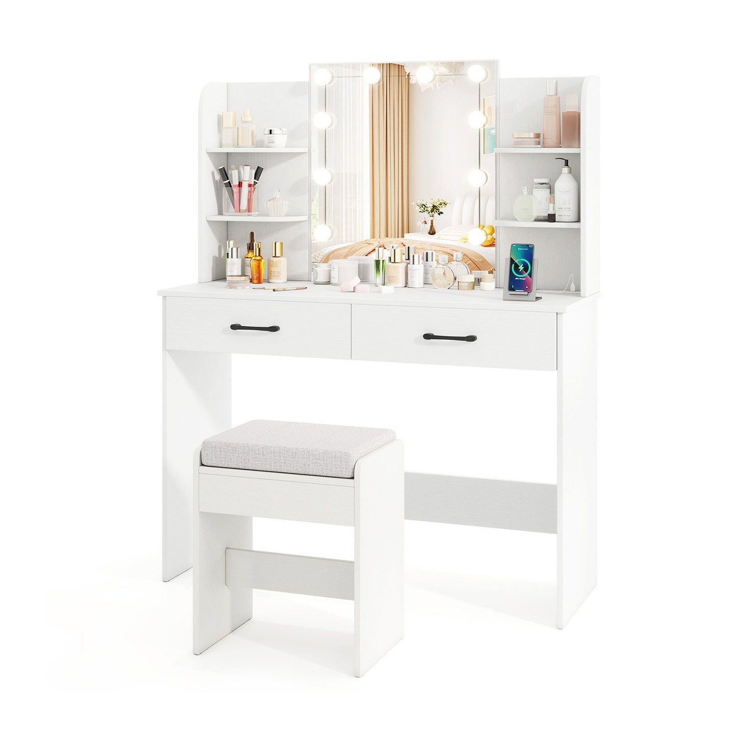 Vanity Set with Lighted Mirror and Stool with Power Outlet, White Makeup Vanities White at Gallery Canada