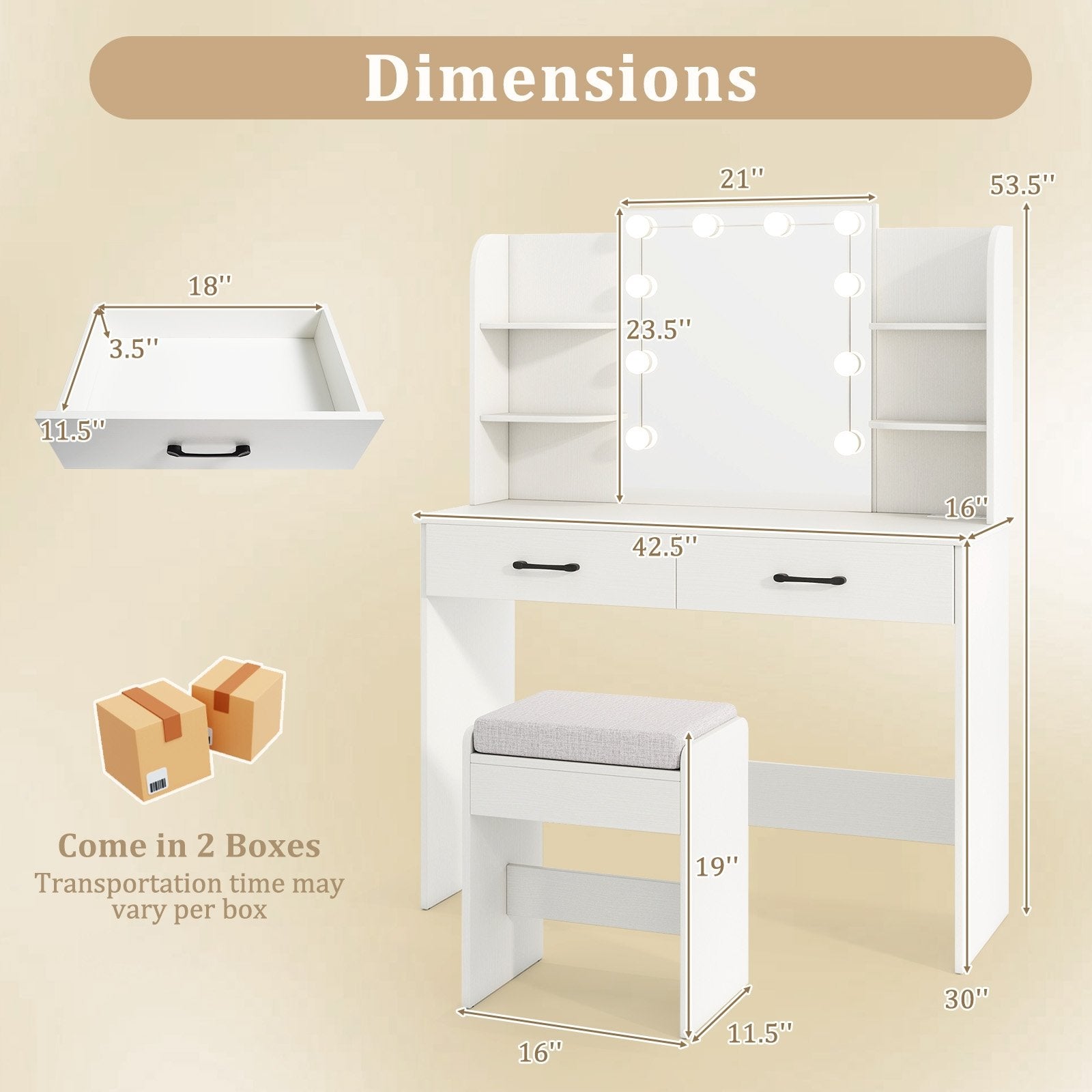 Vanity Set with Lighted Mirror and Stool with Power Outlet, White Makeup Vanities at Gallery Canada