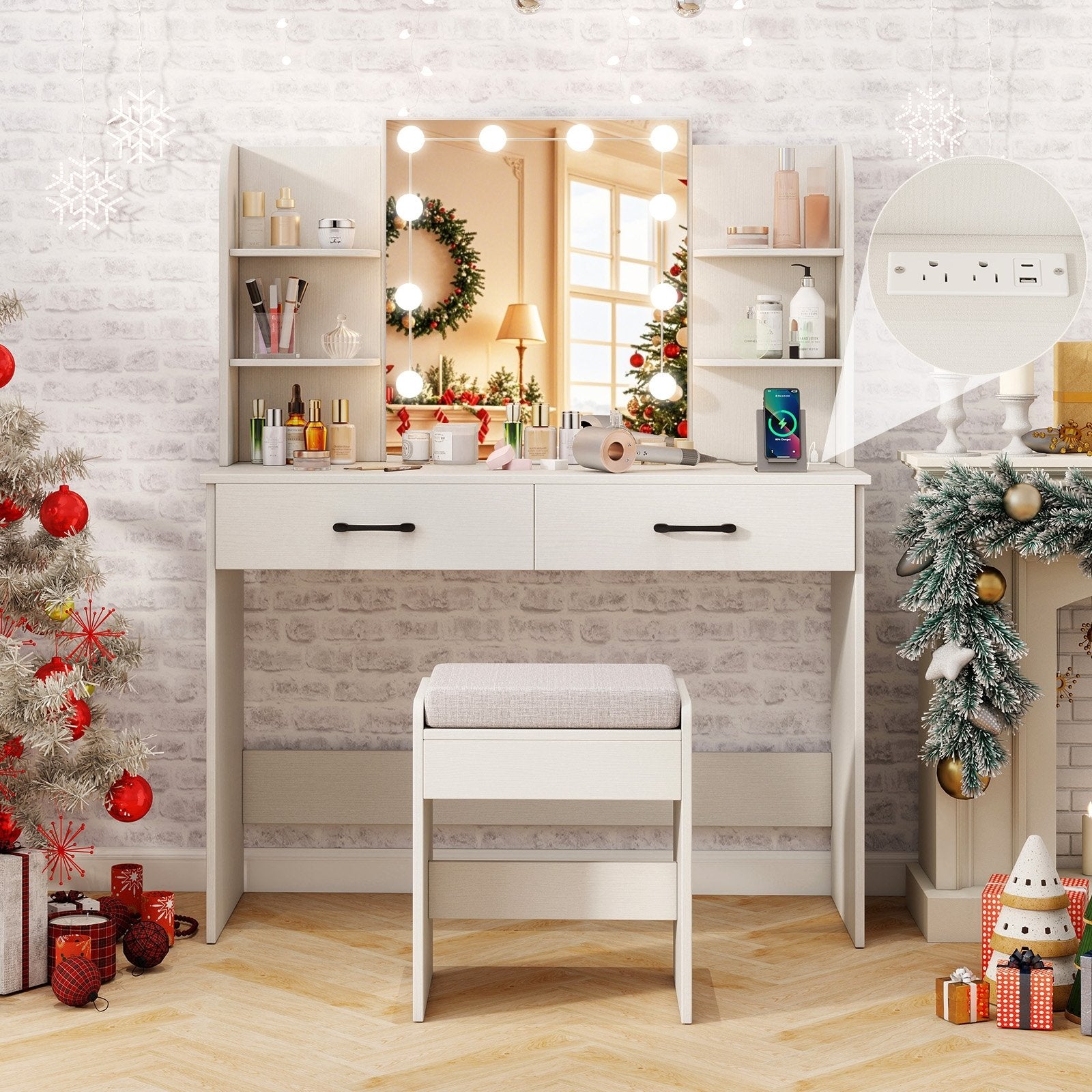 Vanity Set with Lighted Mirror and Stool with Power Outlet, White Makeup Vanities at Gallery Canada