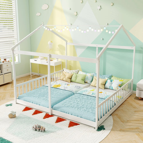 Double Floor Bed for Twins House Beds with Safety Guardrails for 2 Kids, White