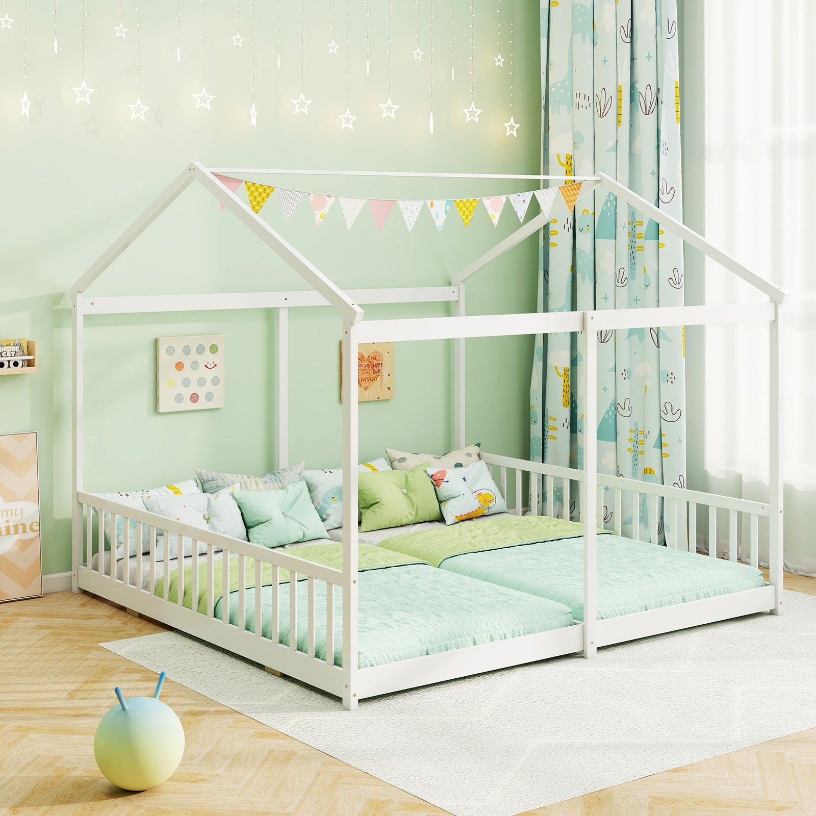Double Floor Bed for Twins House Beds with Safety Guardrails for 2 Kids, White Toddler Beds at Gallery Canada