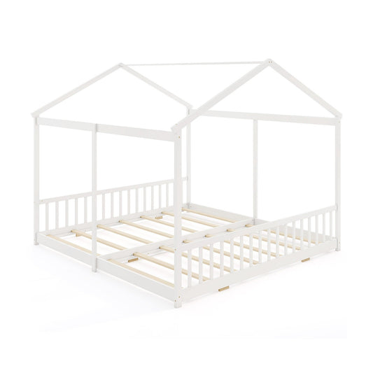 Double Floor Bed for Twins House Beds with Safety Guardrails for 2 Kids, White Toddler Beds White at Gallery Canada