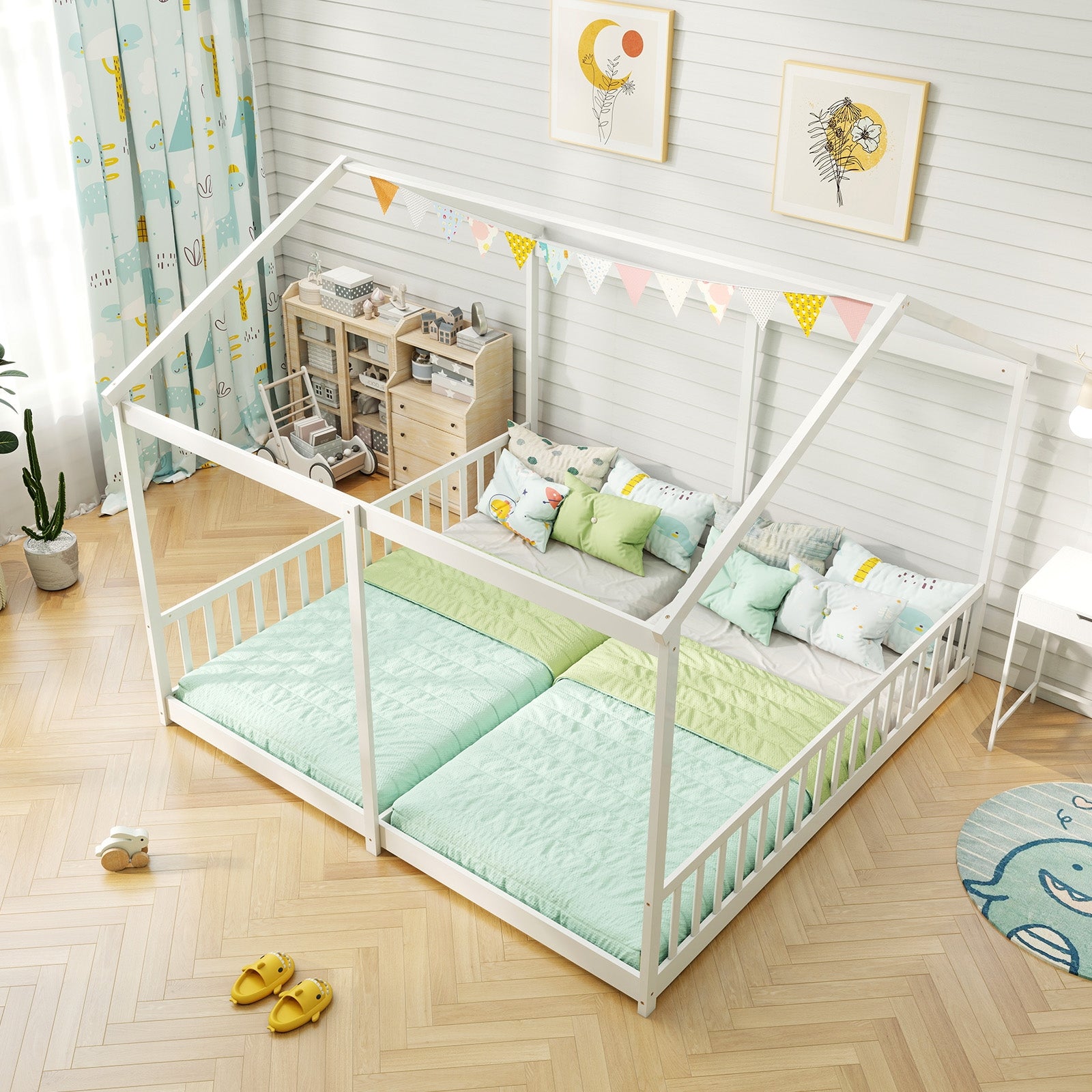 Double Floor Bed for Twins House Beds with Safety Guardrails for 2 Kids, White Toddler Beds at Gallery Canada