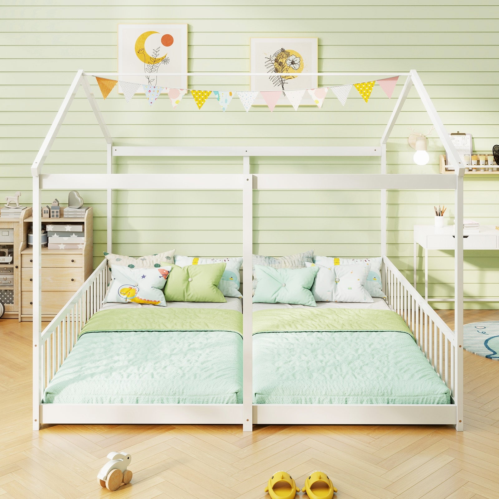 Double Floor Bed for Twins House Beds with Safety Guardrails for 2 Kids, White Toddler Beds at Gallery Canada