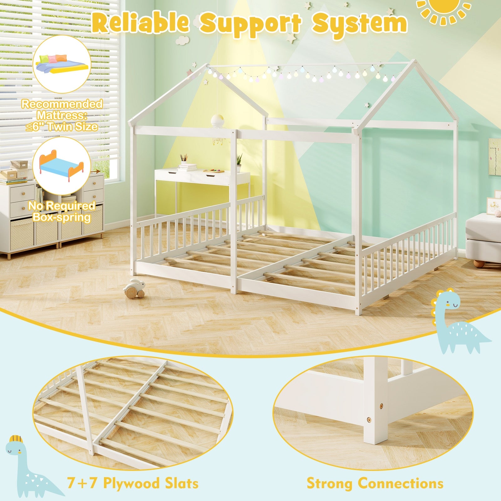 Double Floor Bed for Twins House Beds with Safety Guardrails for 2 Kids, White Toddler Beds at Gallery Canada