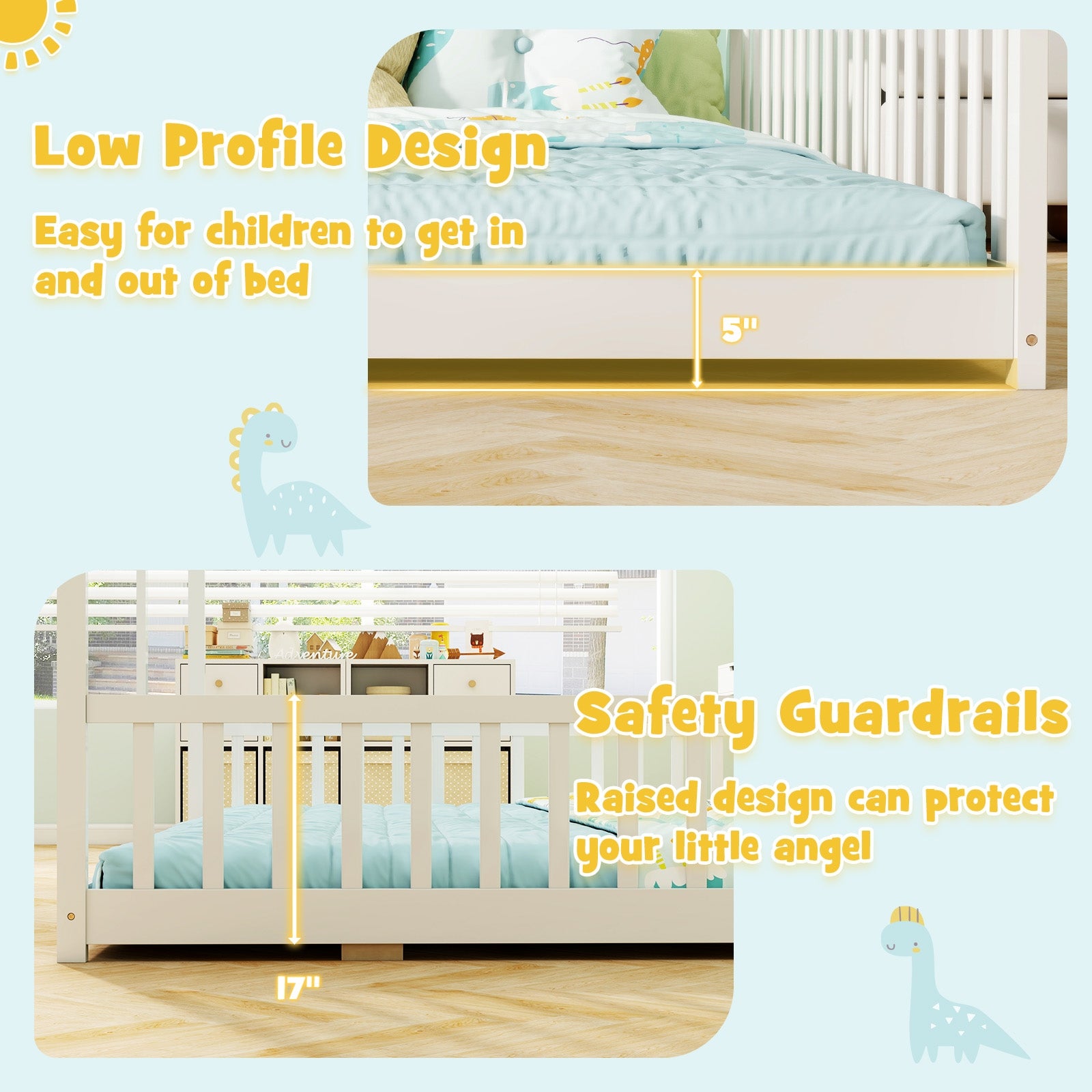 Double Floor Bed for Twins House Beds with Safety Guardrails for 2 Kids, White Toddler Beds at Gallery Canada