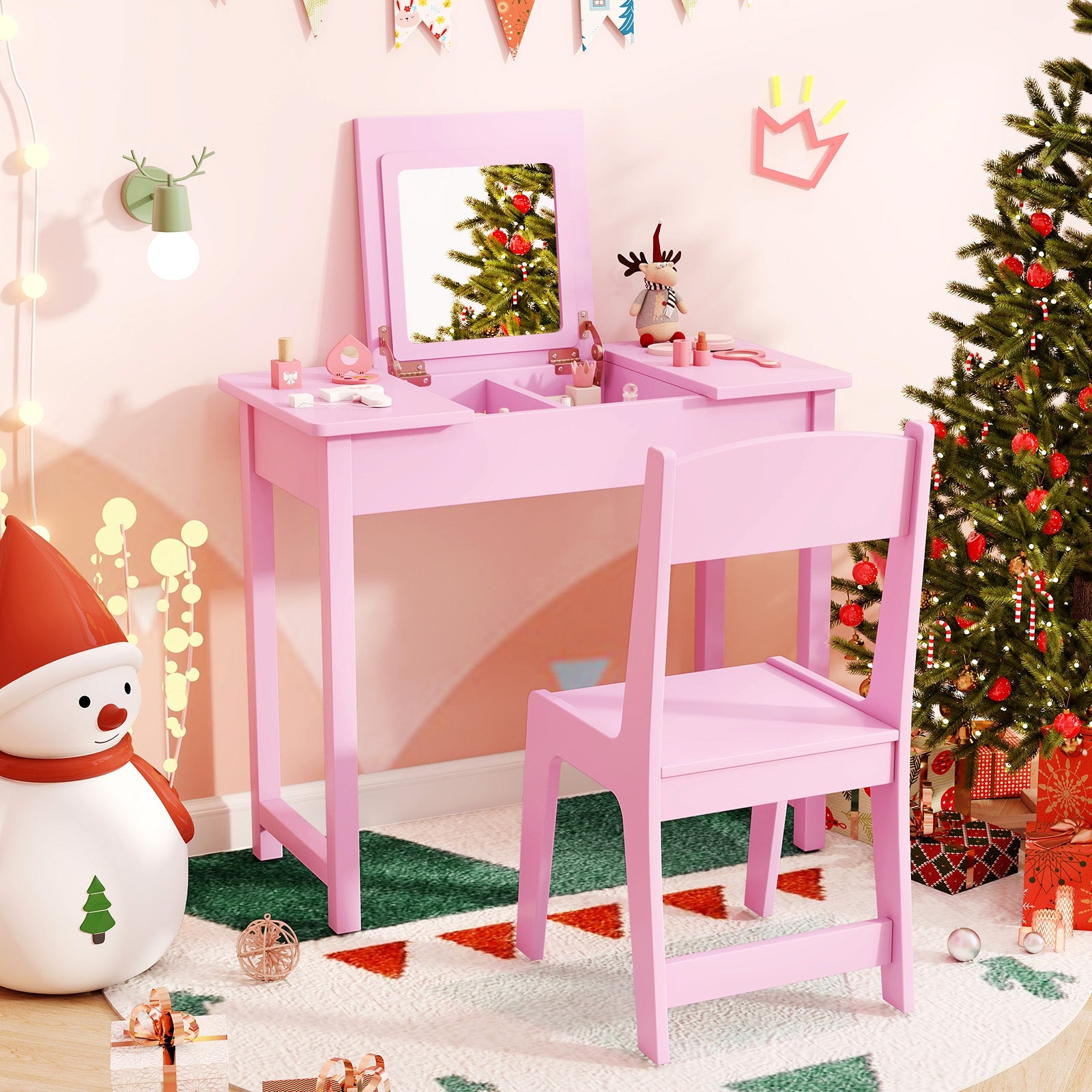 2-in-1 Kids Vanity Makeup Table and Chair Set with Flip Top Mirror, Pink Play Kitchen Sets at Gallery Canada