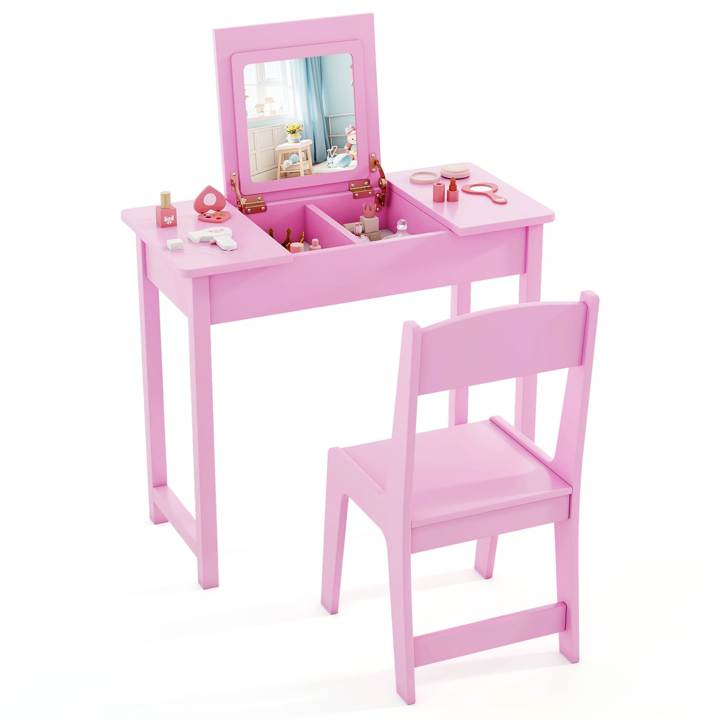 2-in-1 Kids Vanity Makeup Table and Chair Set with Flip Top Mirror, Pink Play Kitchen Sets Pink at Gallery Canada