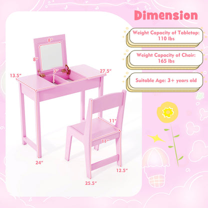 2-in-1 Kids Vanity Makeup Table and Chair Set with Flip Top Mirror, Pink Play Kitchen Sets at Gallery Canada