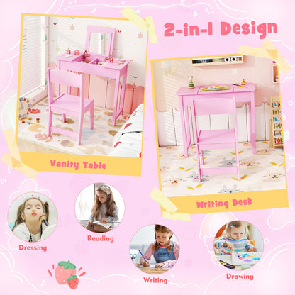 2-in-1 Kids Vanity Makeup Table and Chair Set with Flip Top Mirror, Pink Play Kitchen Sets at Gallery Canada