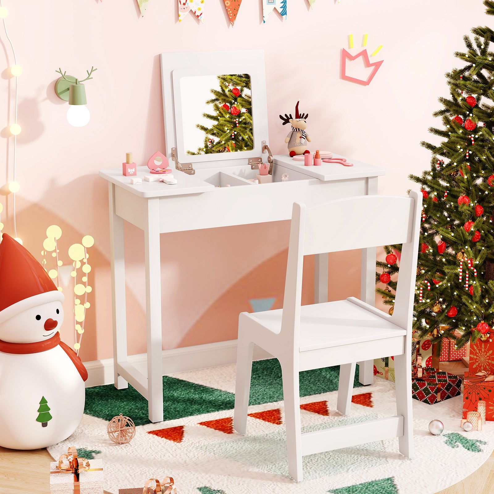 2-in-1 Kids Vanity Makeup Table and Chair Set with Flip Top Mirror, White Play Kitchen Sets at Gallery Canada