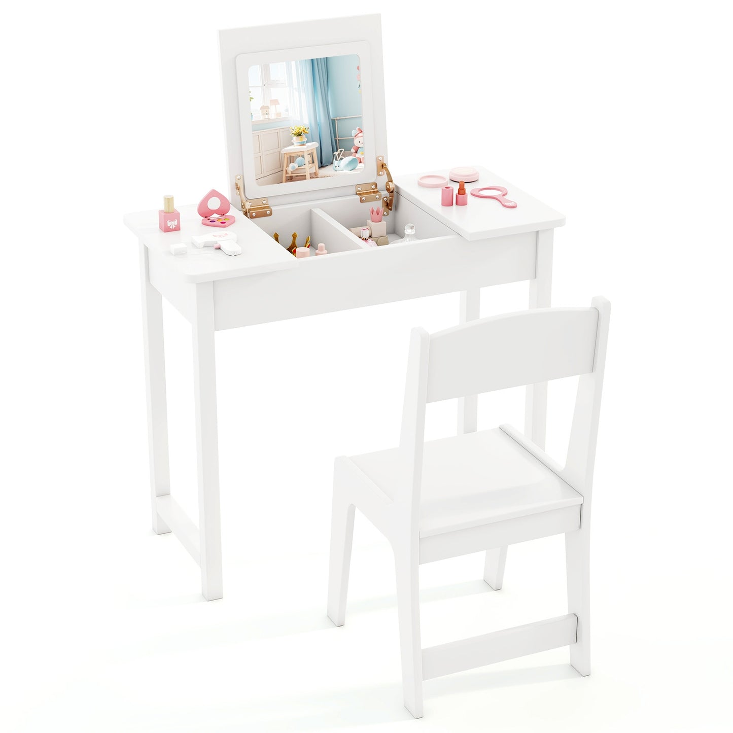 2-in-1 Kids Vanity Makeup Table and Chair Set with Flip Top Mirror, White Play Kitchen Sets White at Gallery Canada