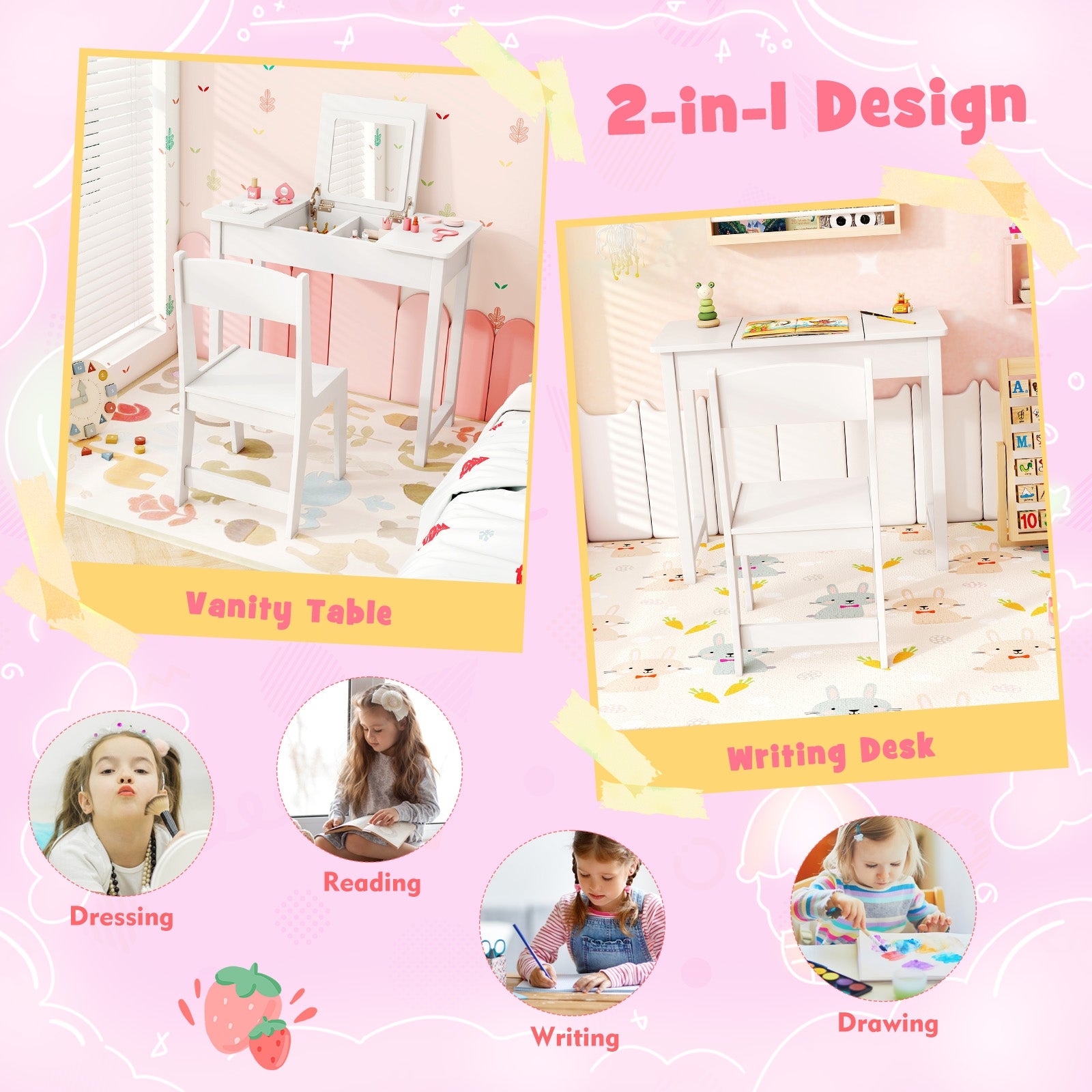 2-in-1 Kids Vanity Makeup Table and Chair Set with Flip Top Mirror, White Play Kitchen Sets at Gallery Canada