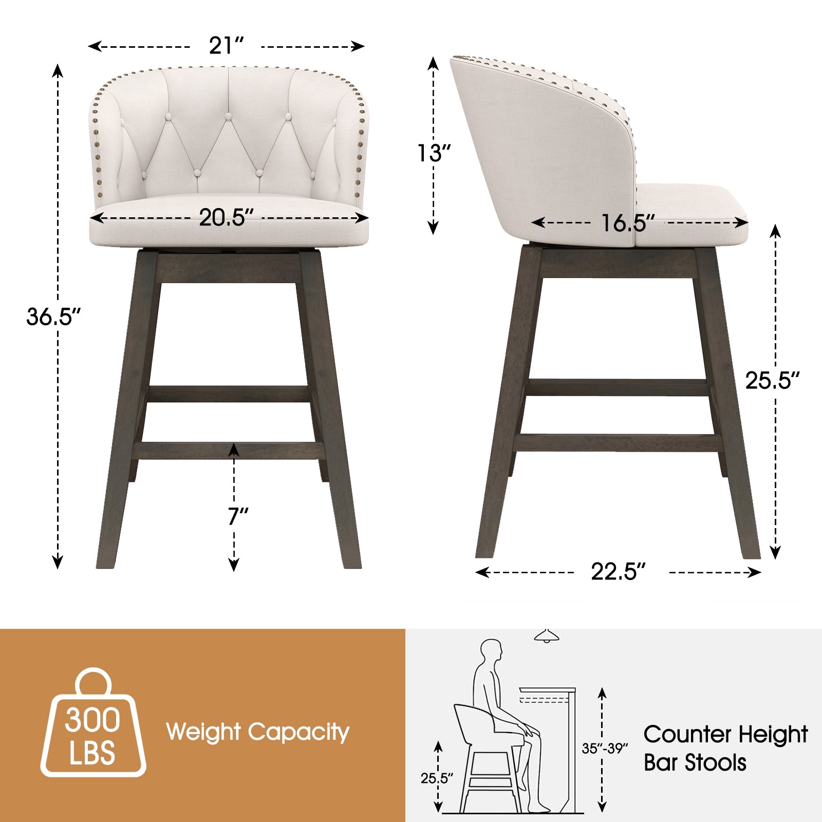 Counter Height Fabric Upholstered Bar Stools Set of 2, Beige Bar Stools at Gallery Canada