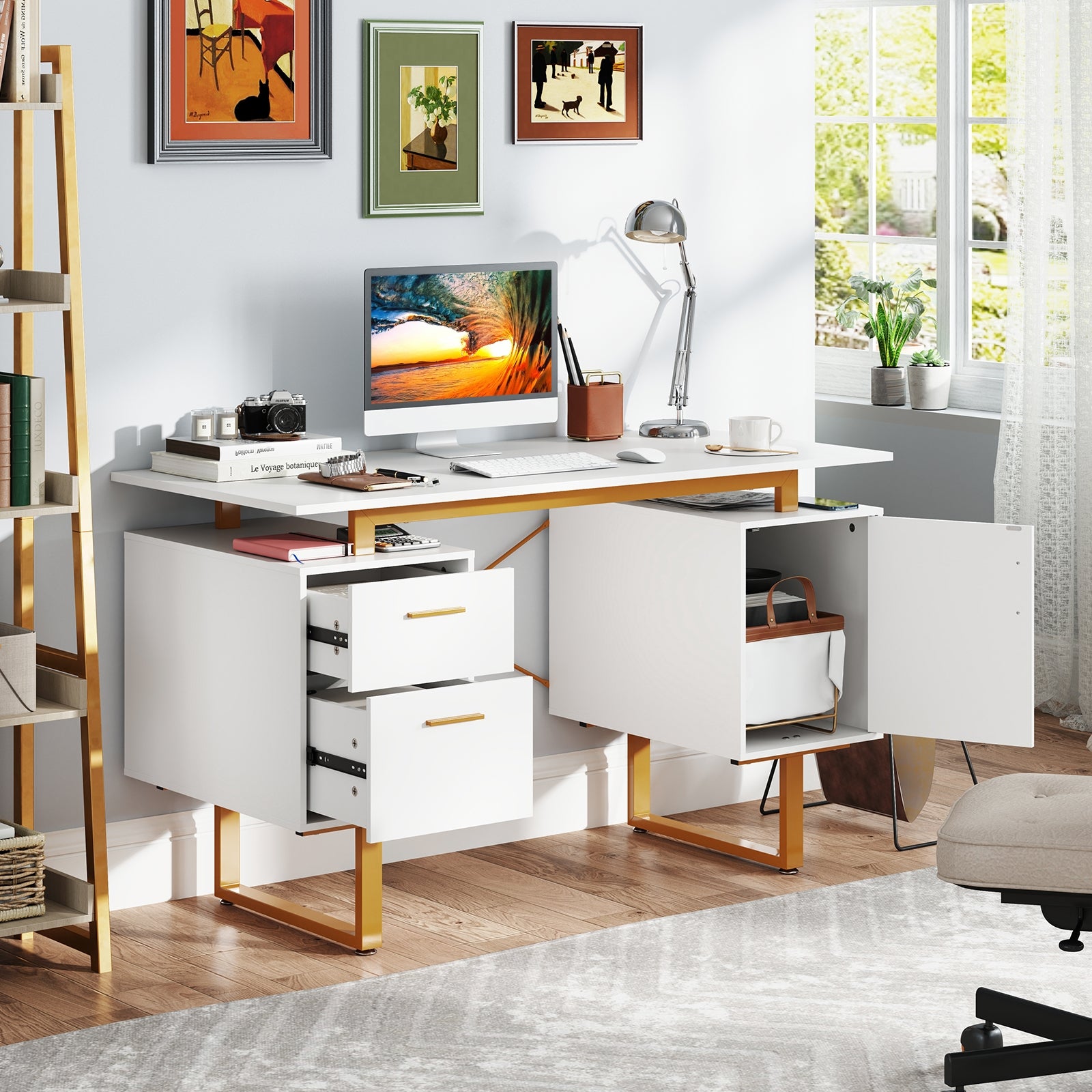 51 Inch Computer Desk with Floating Desktop and Dual Drawers, White Computer Desks at Gallery Canada