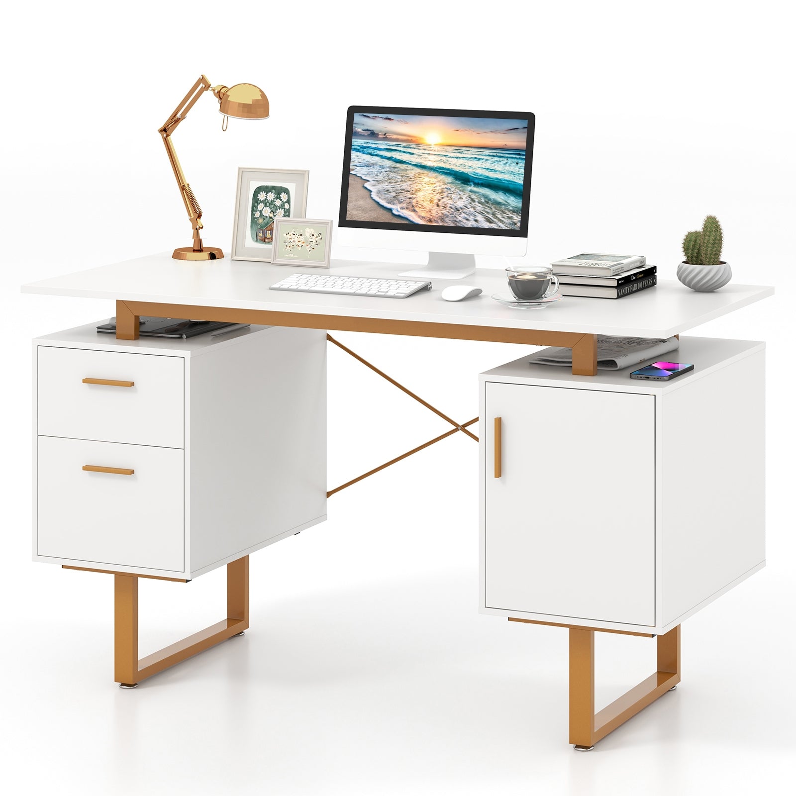 51 Inch Computer Desk with Floating Desktop and Dual Drawers, White Computer Desks at Gallery Canada