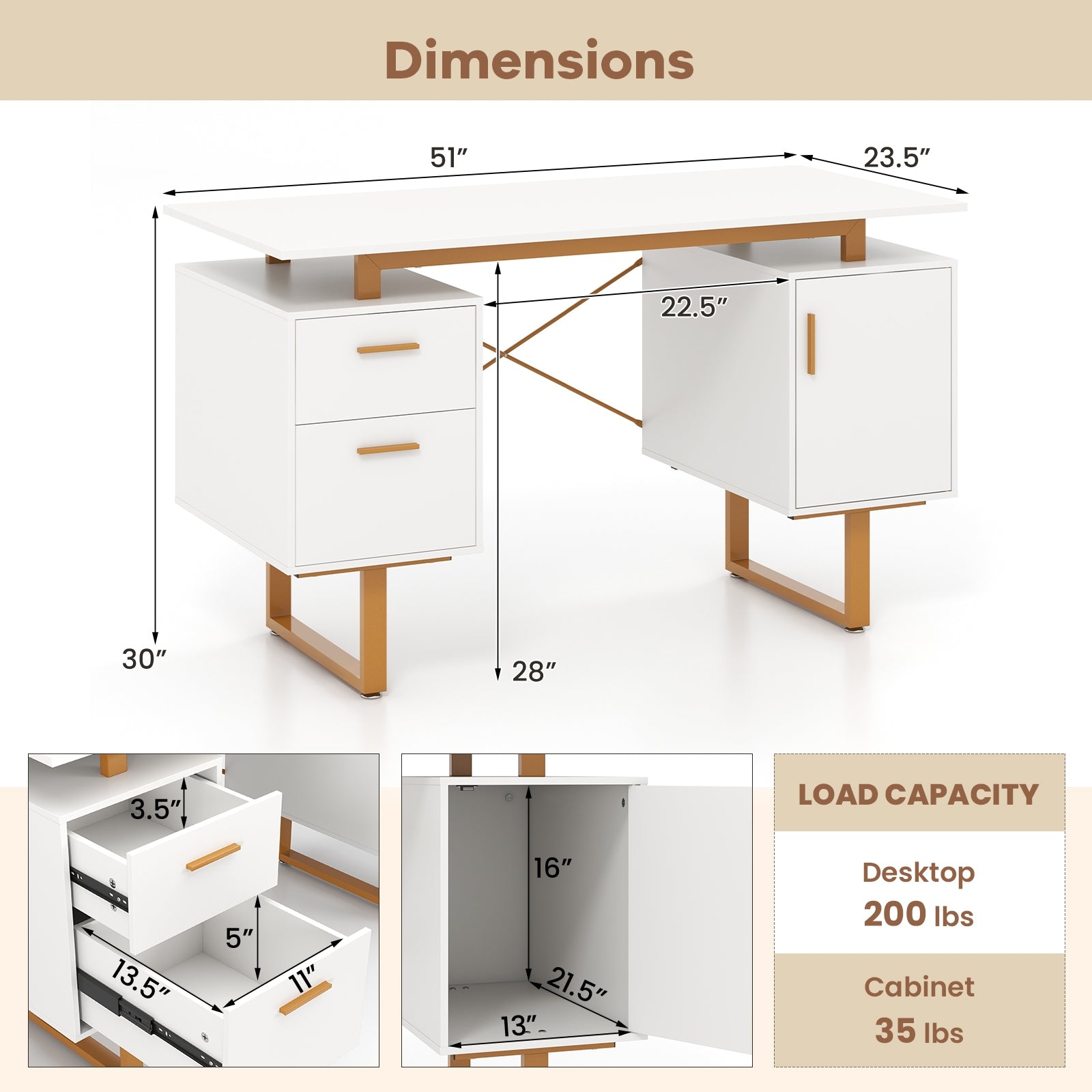 51 Inch Computer Desk with Floating Desktop and Dual Drawers, White Computer Desks at Gallery Canada