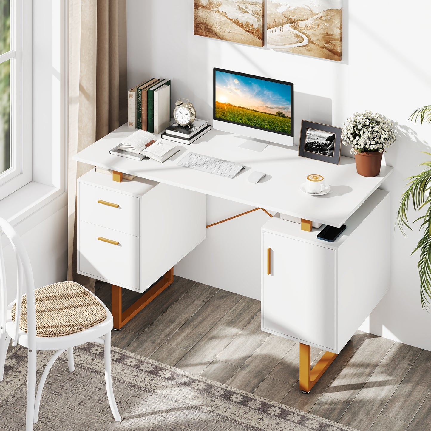 51 Inch Computer Desk with Floating Desktop and Dual Drawers, White Computer Desks at Gallery Canada