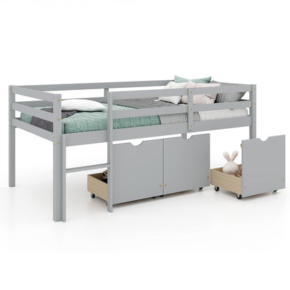 Twin Size Low Loft Bed with 3 Drawers with Ladder and Full-length Guardrails, Gray Trundle Bed Frame   at Gallery Canada