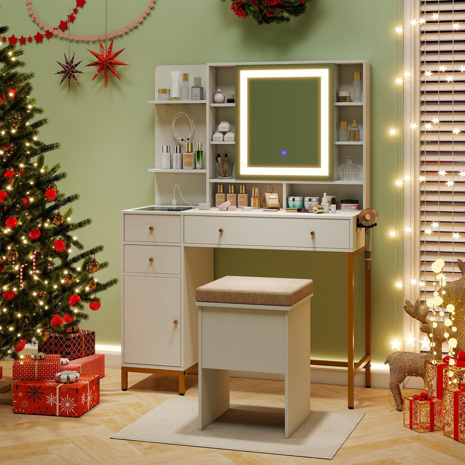 Makeup Dressing Table and Stool set with 3 Lighting Modes and Cabinet, White Makeup Vanities at Gallery Canada