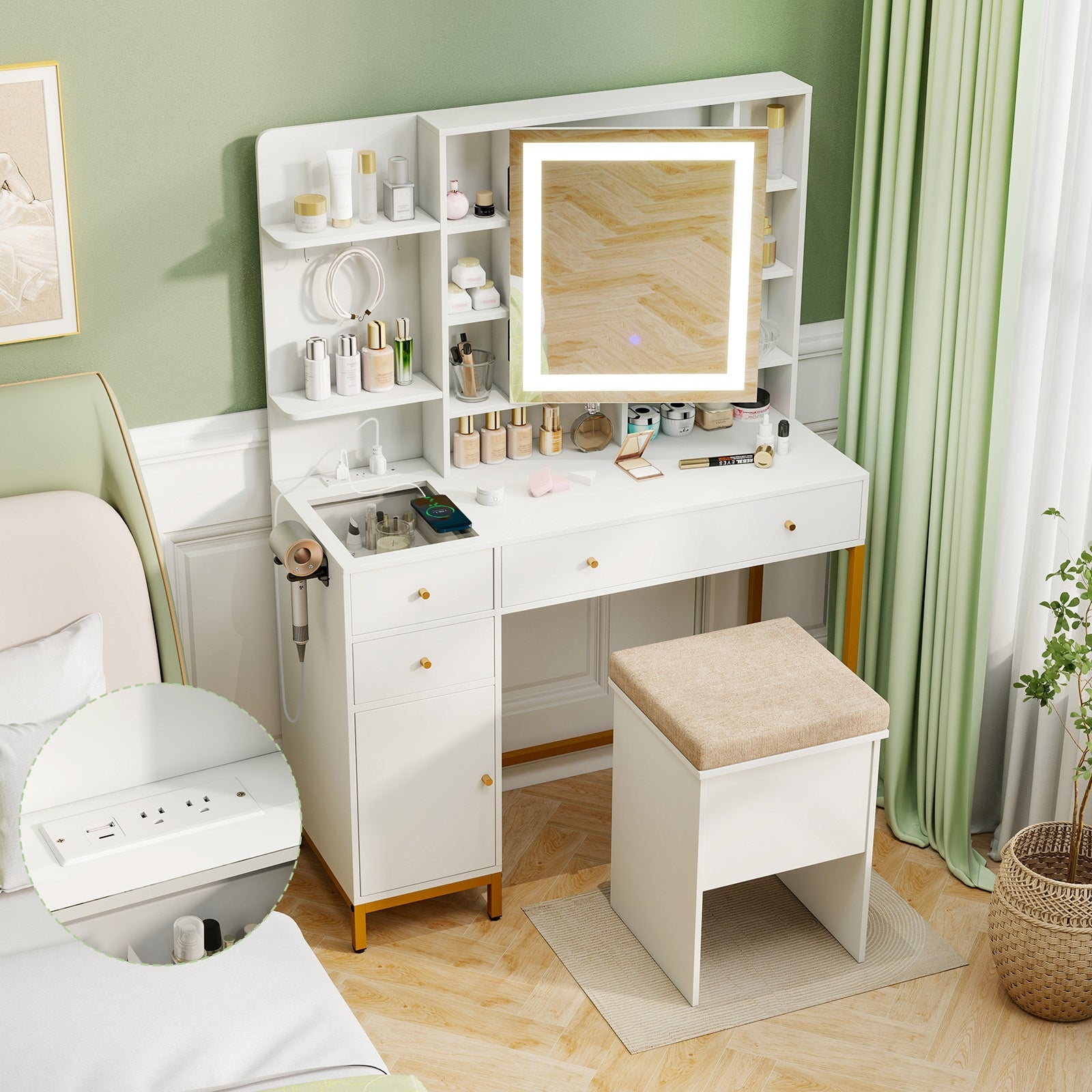 Makeup Dressing Table and Stool set with 3 Lighting Modes and Cabinet, White Makeup Vanities at Gallery Canada