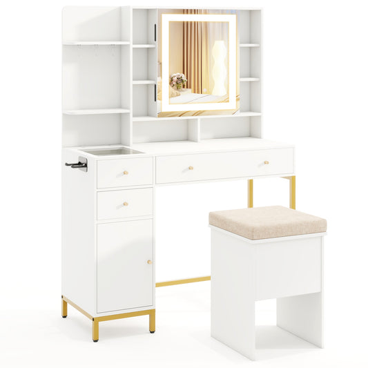 Makeup Dressing Table and Stool set with 3 Lighting Modes and Cabinet, White Makeup Vanities White at Gallery Canada