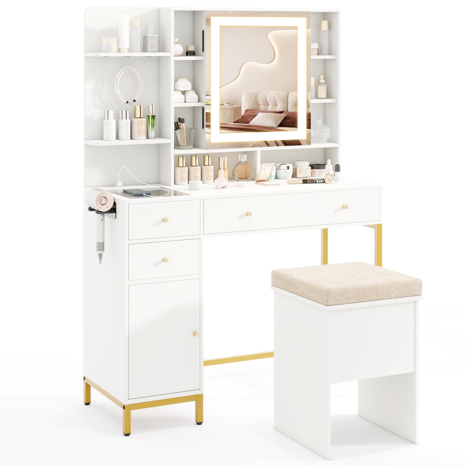 Makeup Dressing Table and Stool set with 3 Lighting Modes and Cabinet, White Makeup Vanities at Gallery Canada