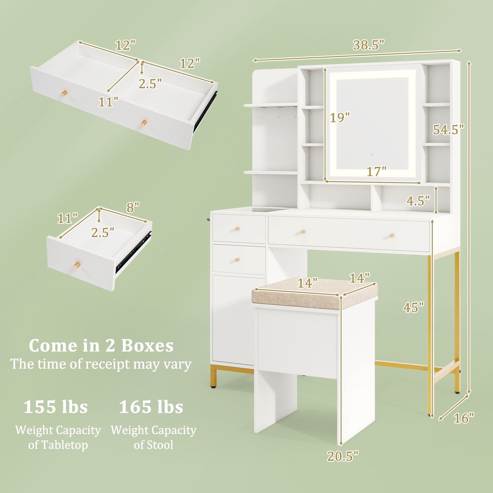 Makeup Dressing Table and Stool set with 3 Lighting Modes and Cabinet, White Makeup Vanities at Gallery Canada