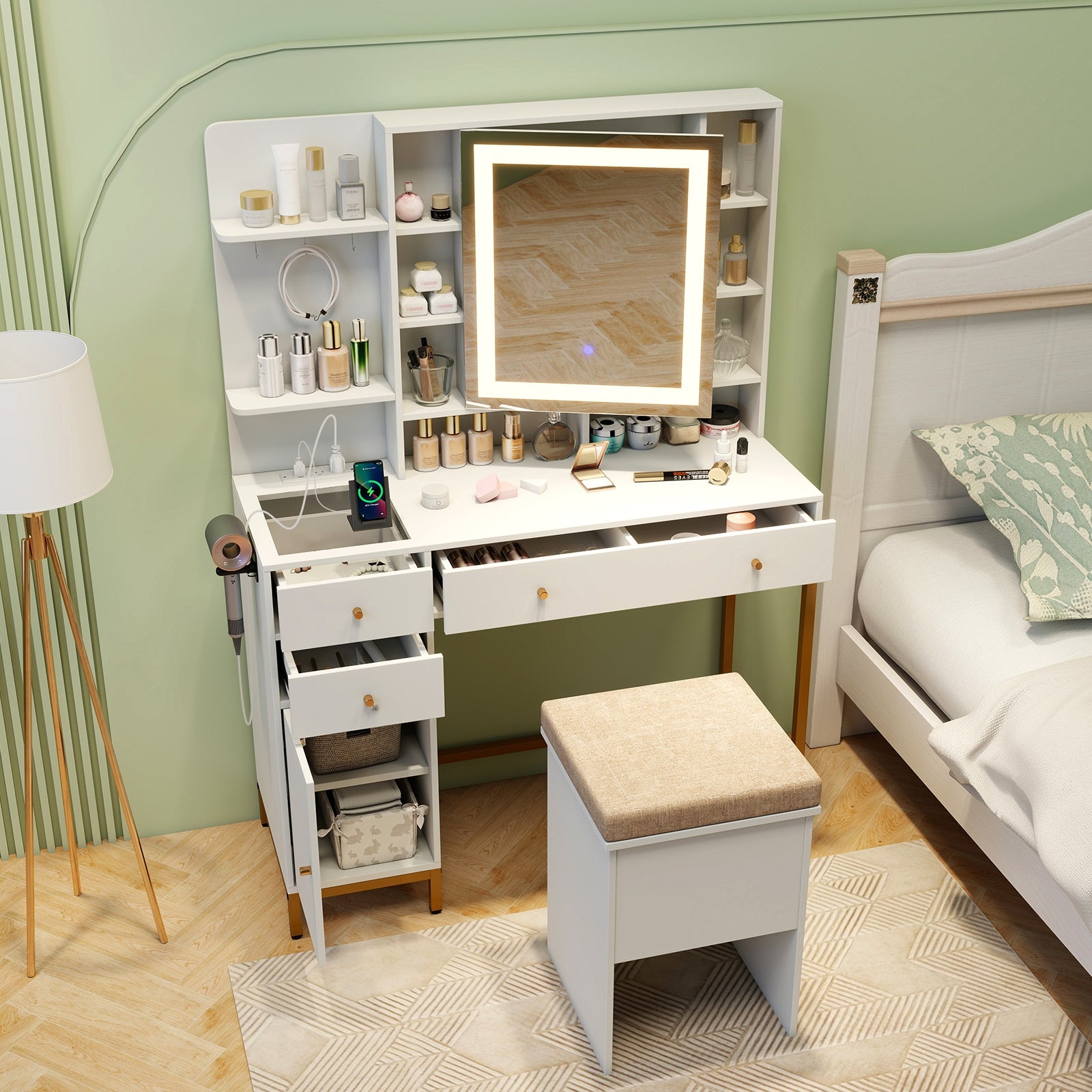 Makeup Dressing Table and Stool set with 3 Lighting Modes and Cabinet, White Makeup Vanities at Gallery Canada