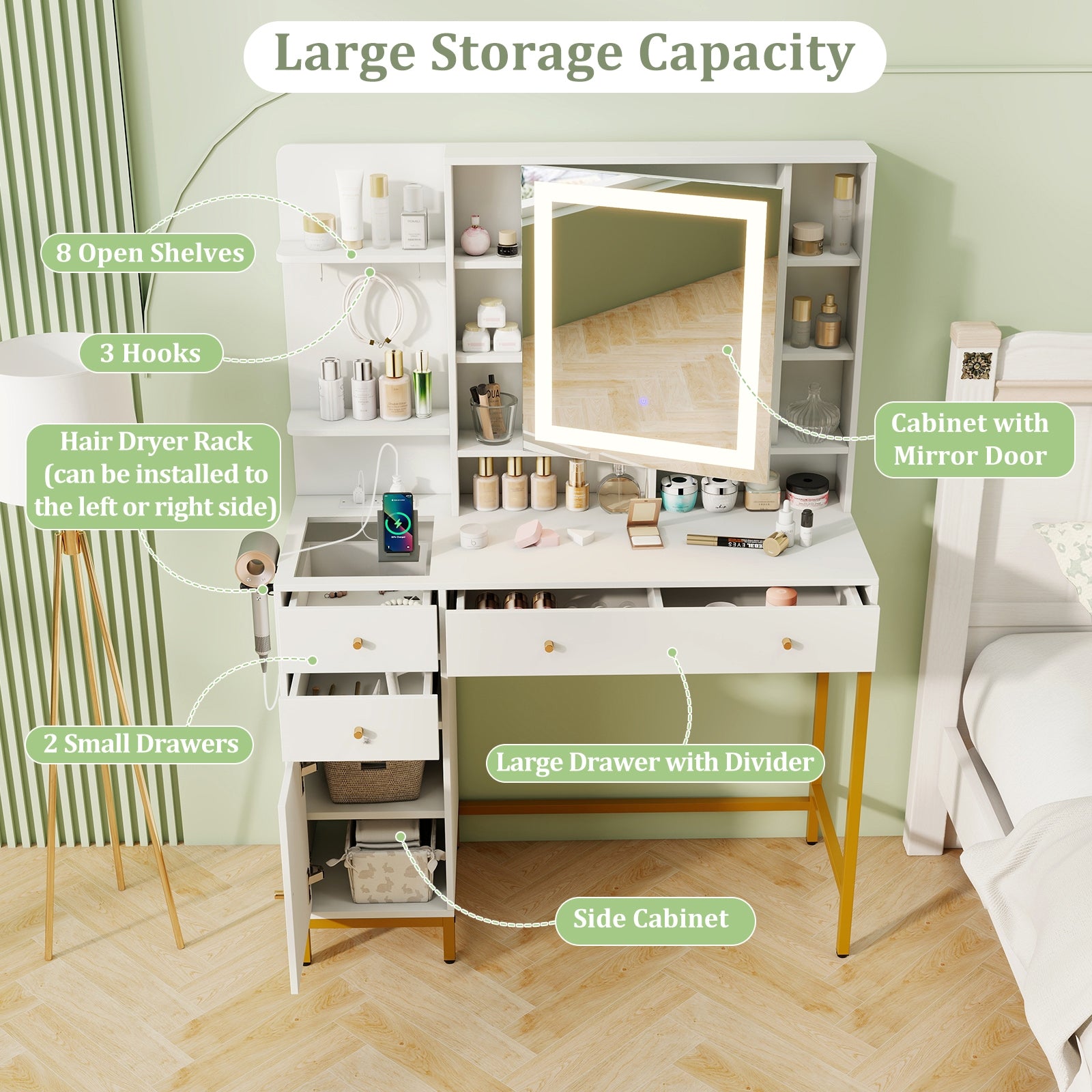 Makeup Dressing Table and Stool set with 3 Lighting Modes and Cabinet, White Makeup Vanities at Gallery Canada