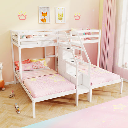 Twin Over Twin and Twin Bunk Bed with Storage Staircase and Guardrail for 3 Kids Teens, White Bunk Bed Frame at Gallery Canada