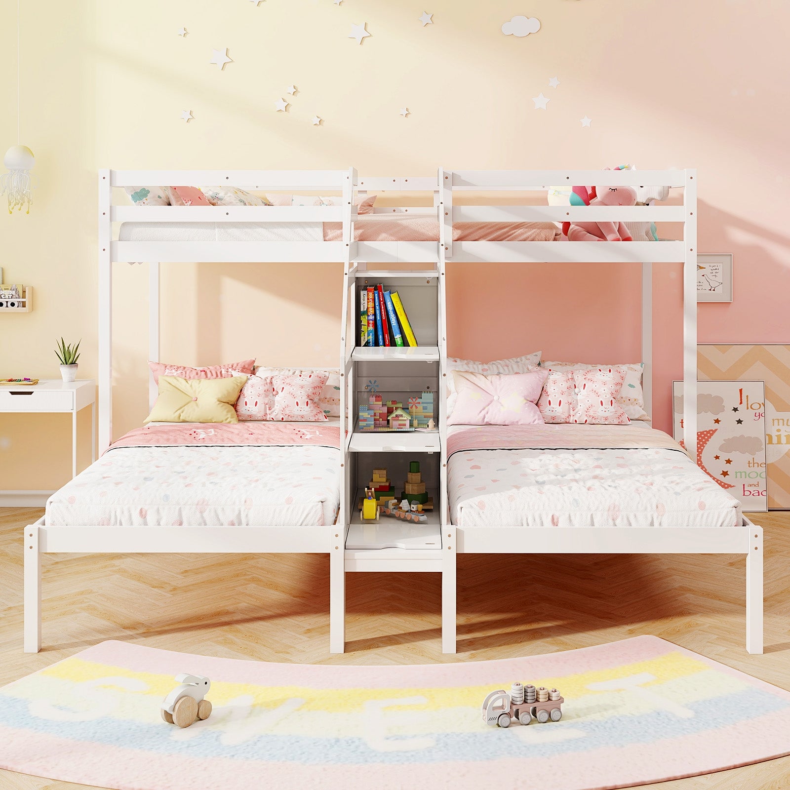 Twin Over Twin and Twin Bunk Bed with Storage Staircase and Guardrail for 3 Kids Teens, White Bunk Bed Frame at Gallery Canada